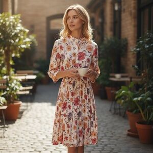 Zoya Pleated Floral 3/4 Sleeve Midi Dress